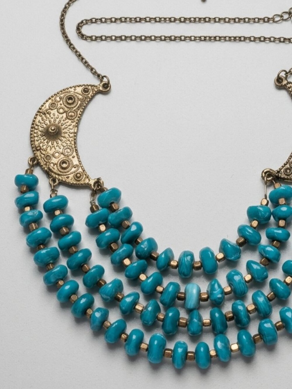 Vintage Turquoise Bead Layered Gold Celestial Moon Fairy Witchy Necklace - Picture 2 of 3